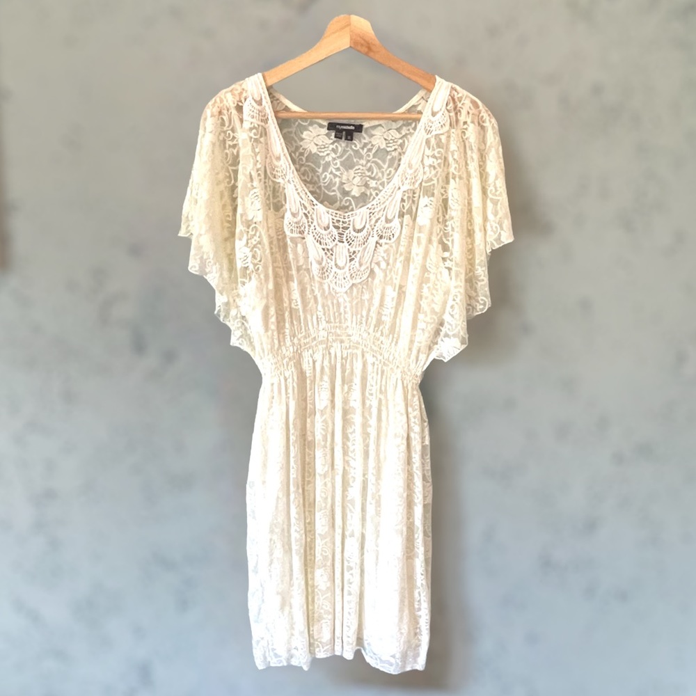 My Michelle stretchy cream off white lace dress with slip